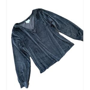 Cozy Black Velour V-Neck Pullover Top Soft Lounge Long Sleeve Relaxed Fit XL